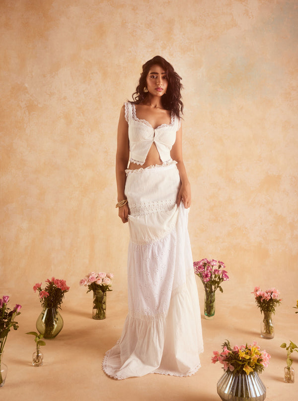 "Elegant Journee White Embroidered Cotton Top and Skirt Set with Intricate Detailing."