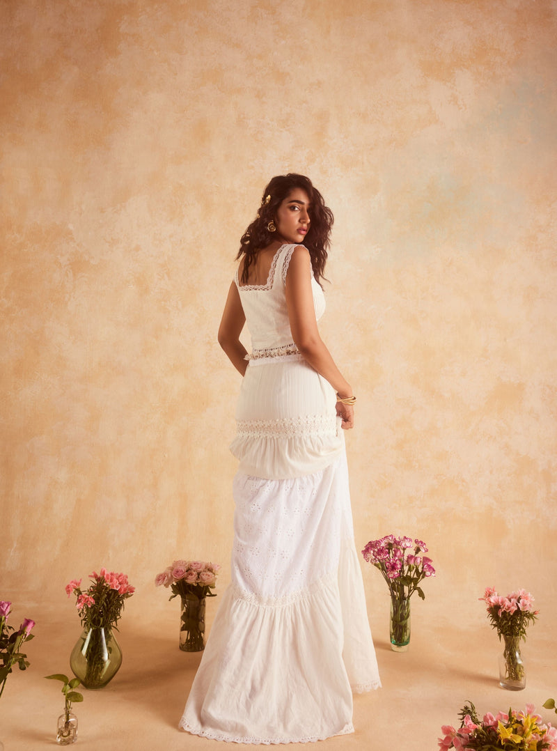 "Elegant Journee White Embroidered Cotton Top and Skirt Set with Intricate Detailing."