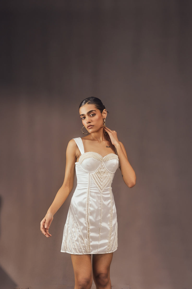 Kamiko White Pearl Hand-Embroidered Mini Corset Dress, adorned with intricate pearl embroidery for a refined look