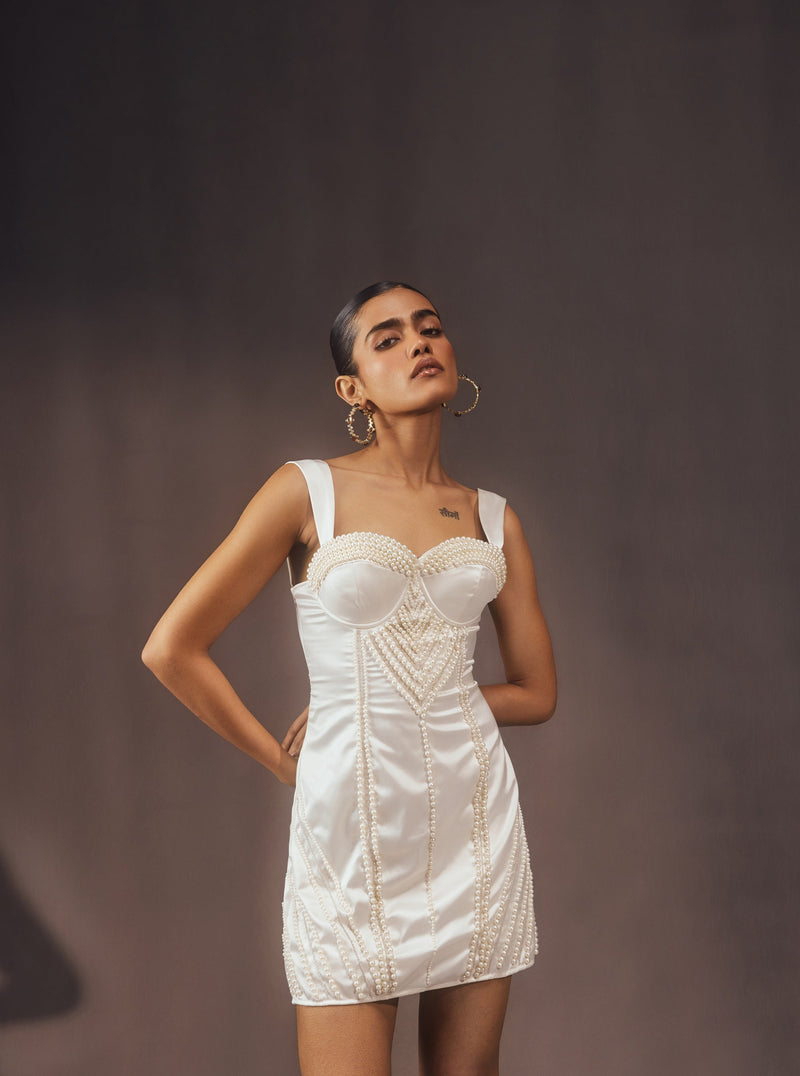 Kamiko White Pearl Hand-Embroidered Mini Corset Dress, adorned with intricate pearl embroidery for a refined look