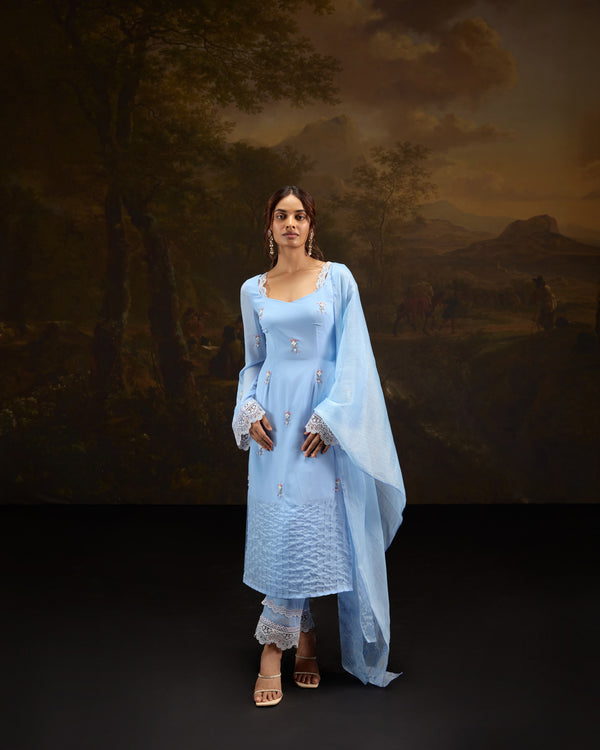 Kashfiya Baby Blue Bell-Sleeves Hand-Embroidered Kurta Set featuring delicate traditional patterns and elegant design.