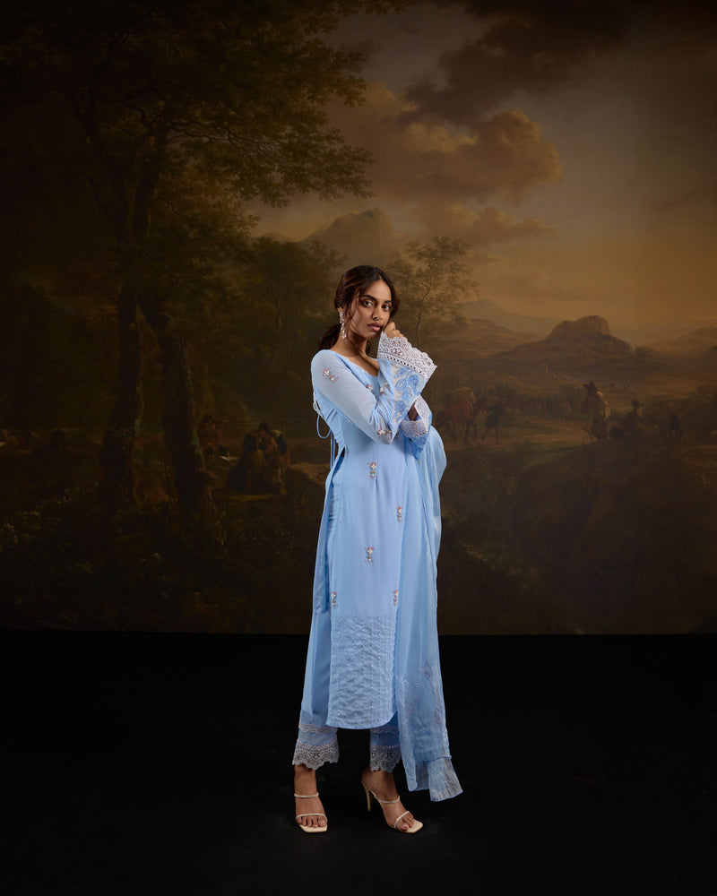 Kashfiya Baby Blue Bell-Sleeves Hand-Embroidered Kurta Set featuring delicate traditional patterns and elegant design.