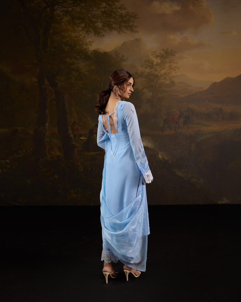 Kashfiya Baby Blue Bell-Sleeves Hand-Embroidered Kurta Set featuring delicate traditional patterns and elegant design.