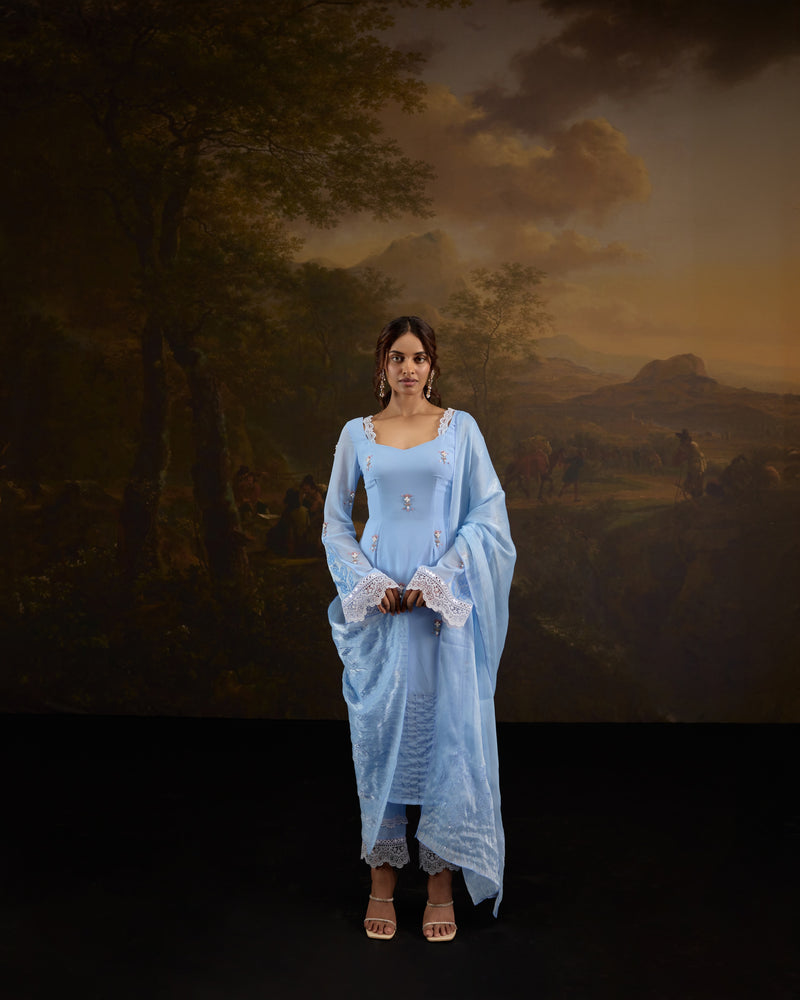 Kashfiya Baby Blue Bell-Sleeves Hand-Embroidered Kurta Set featuring delicate traditional patterns and elegant design.