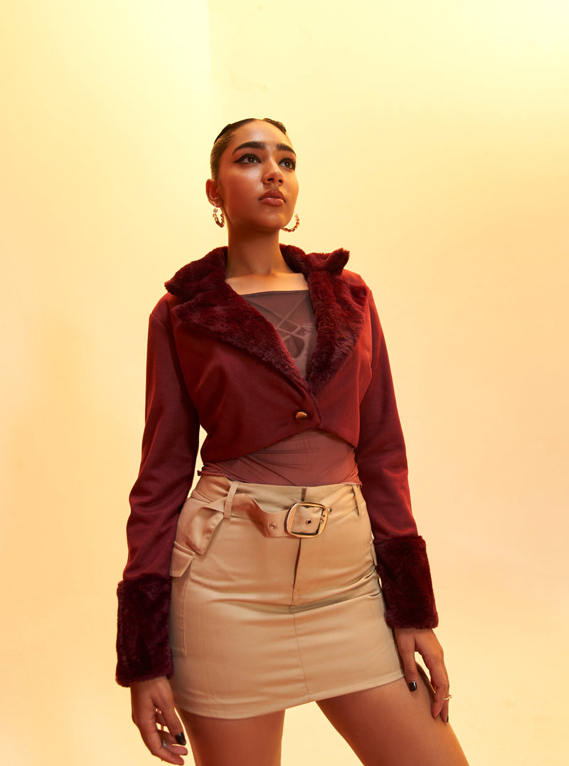 Katherine burgundy cropped jacket combining faux fur and suede for a luxurious and stylish look