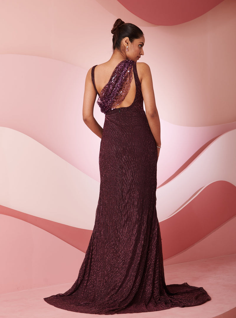 Koa burgundy shimmer embroidered slit gown with dazzling embroidery and a sleek slit design, perfect for glamorous occasions.