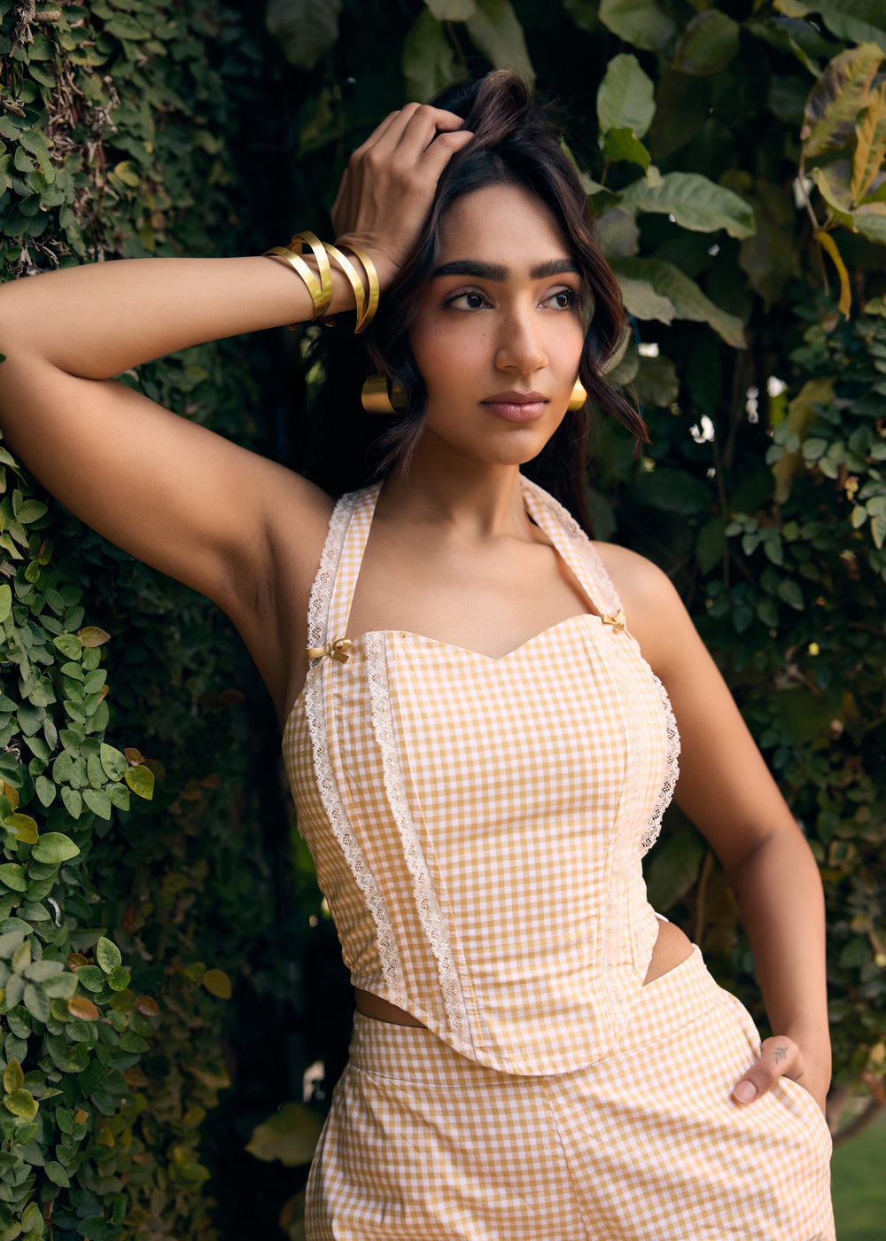 Odette Yellow Gingham and Lace Corset Top