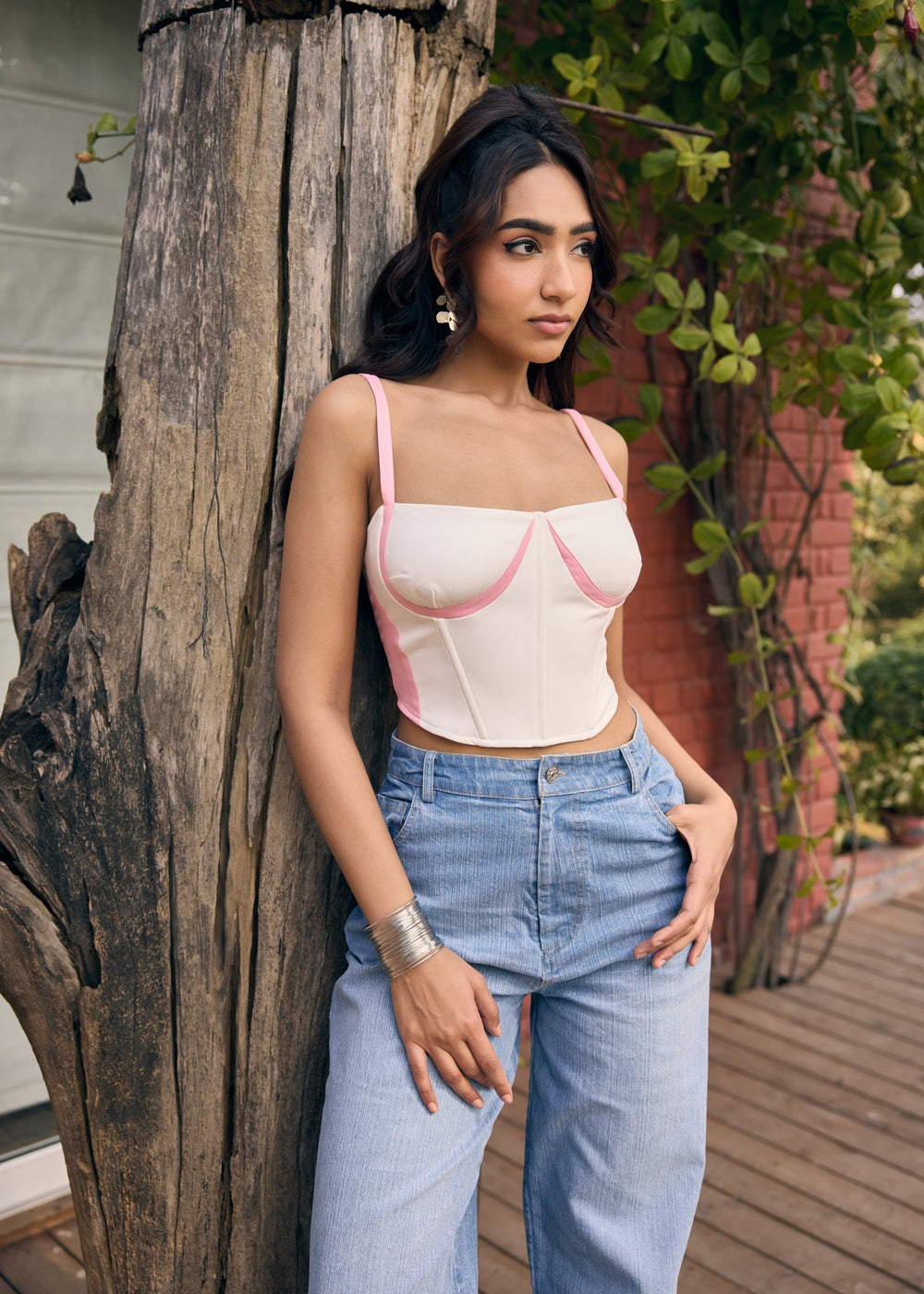 Rebecca White and Pink Colorblock Corset Top
