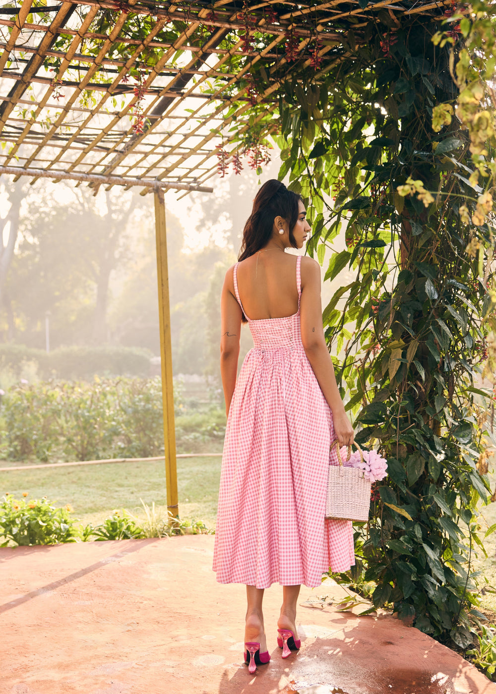 Alaya Pink and White Midi Corset Dress