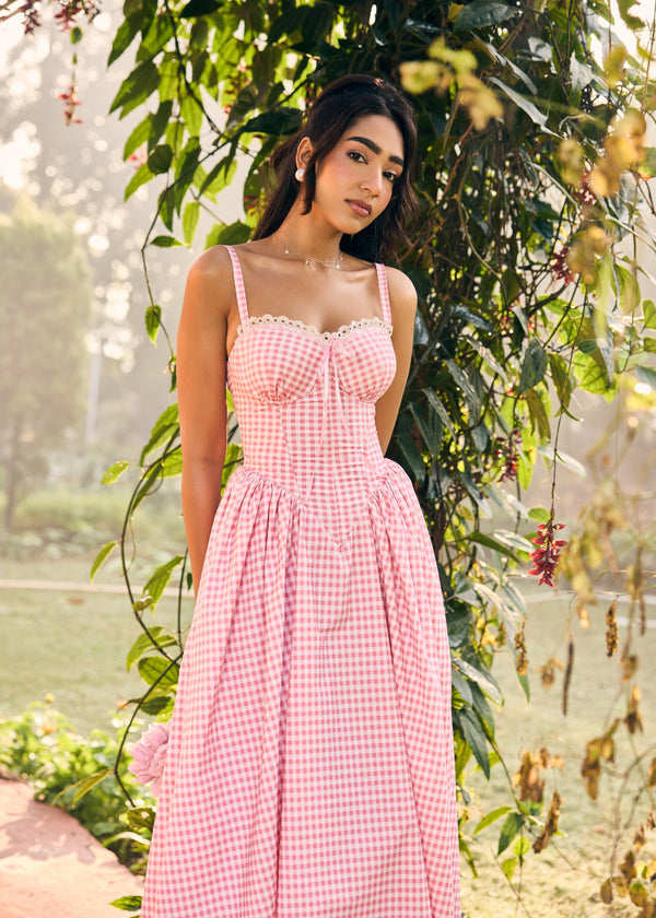 Alaya Pink and White Midi Corset Dress