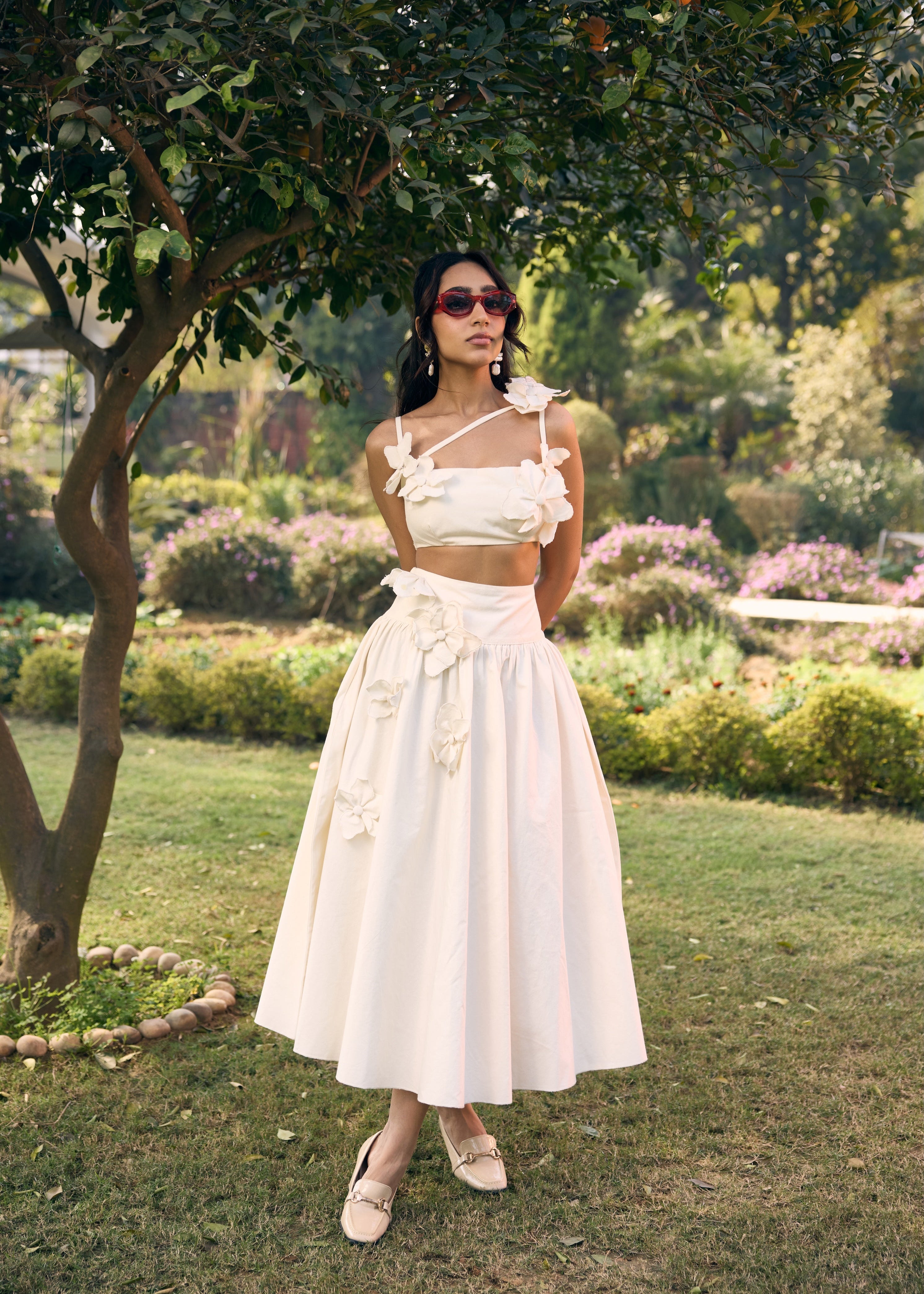 Sharla White 3D Flowers Crop Top