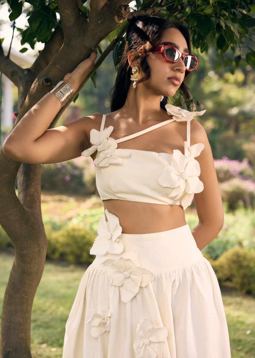 Sharla White 3D Flowers Crop Top