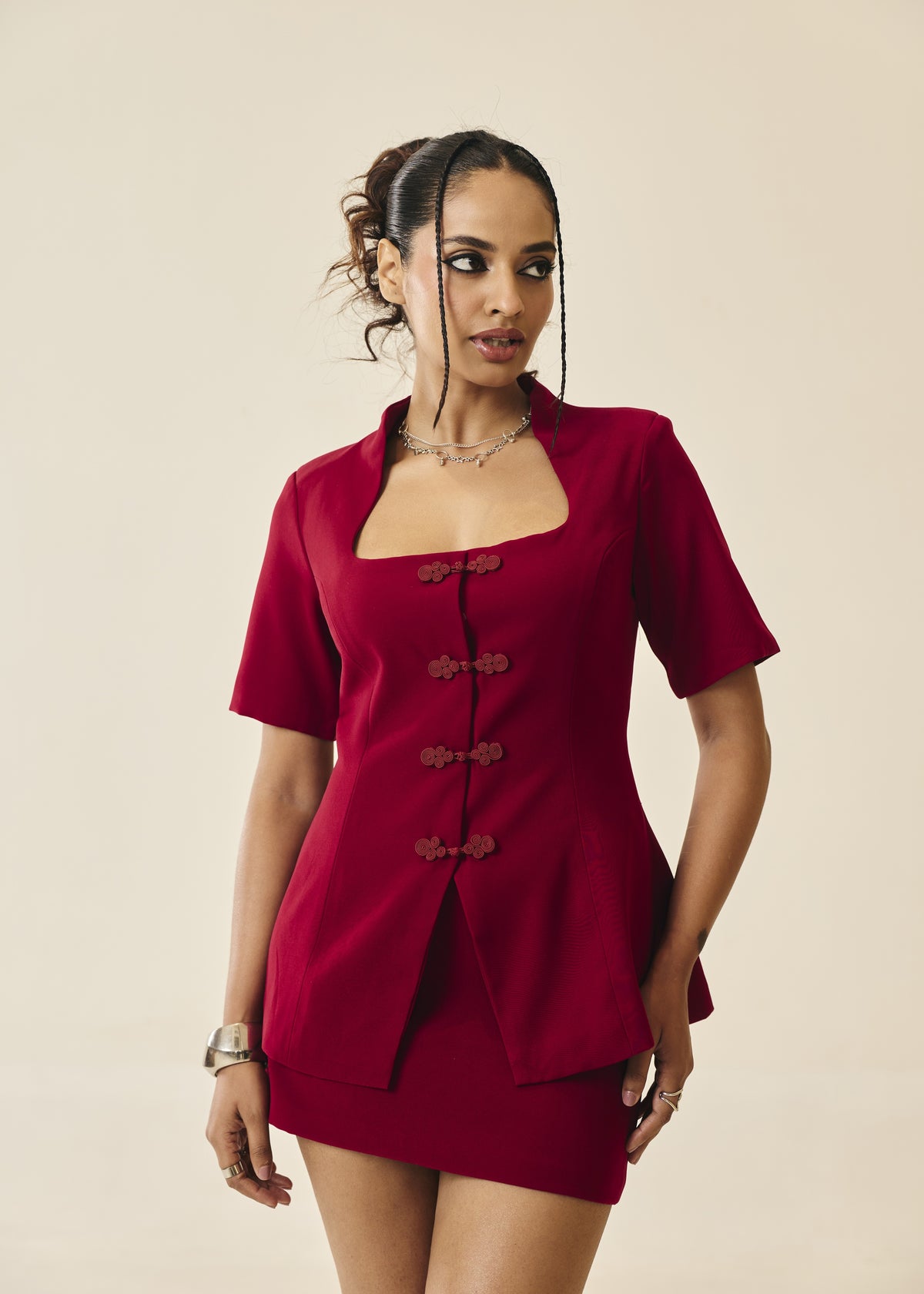 Adalyn Red Frog-Button Structured Blazer Top