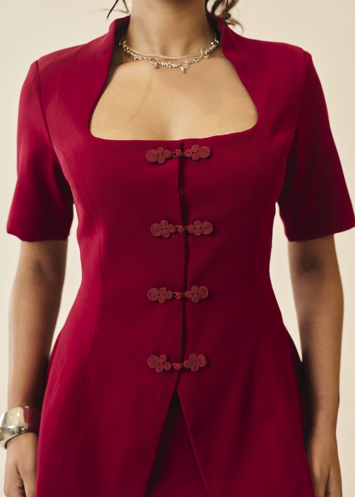 Adalyn Red Frog-Button Structured Blazer Top