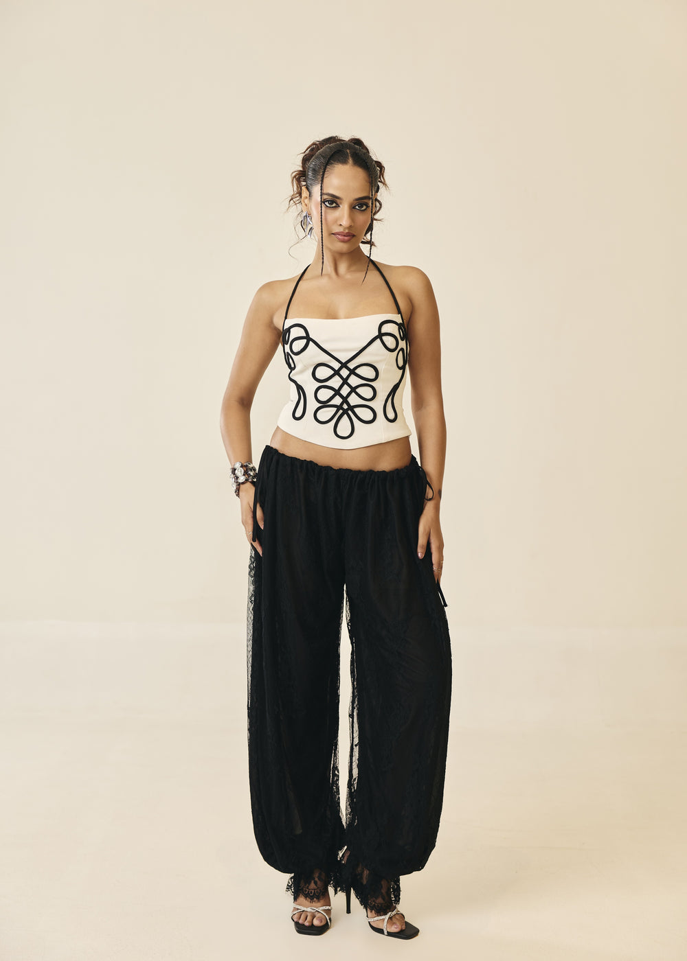 Odalys Ivory Cord Embroidery Halter Top