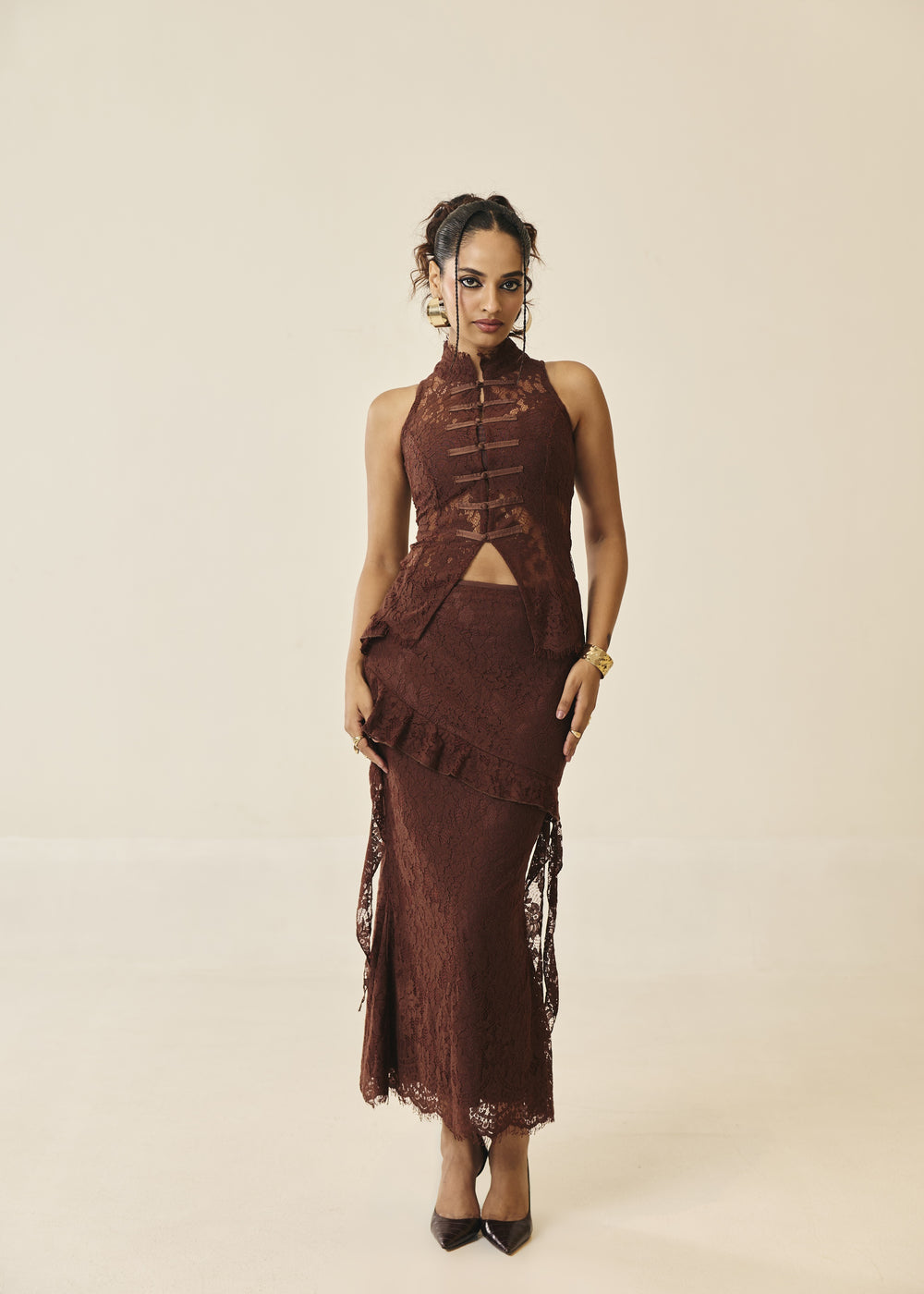 Santorini Espresso Lace Frog-Button Top