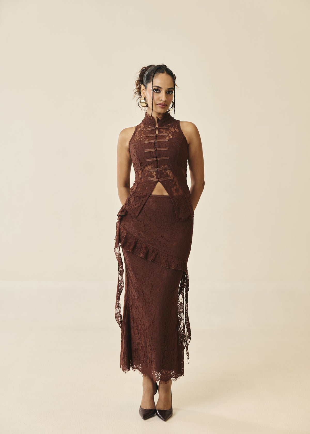 Santorini Espresso Ruffle Maxi Skirt