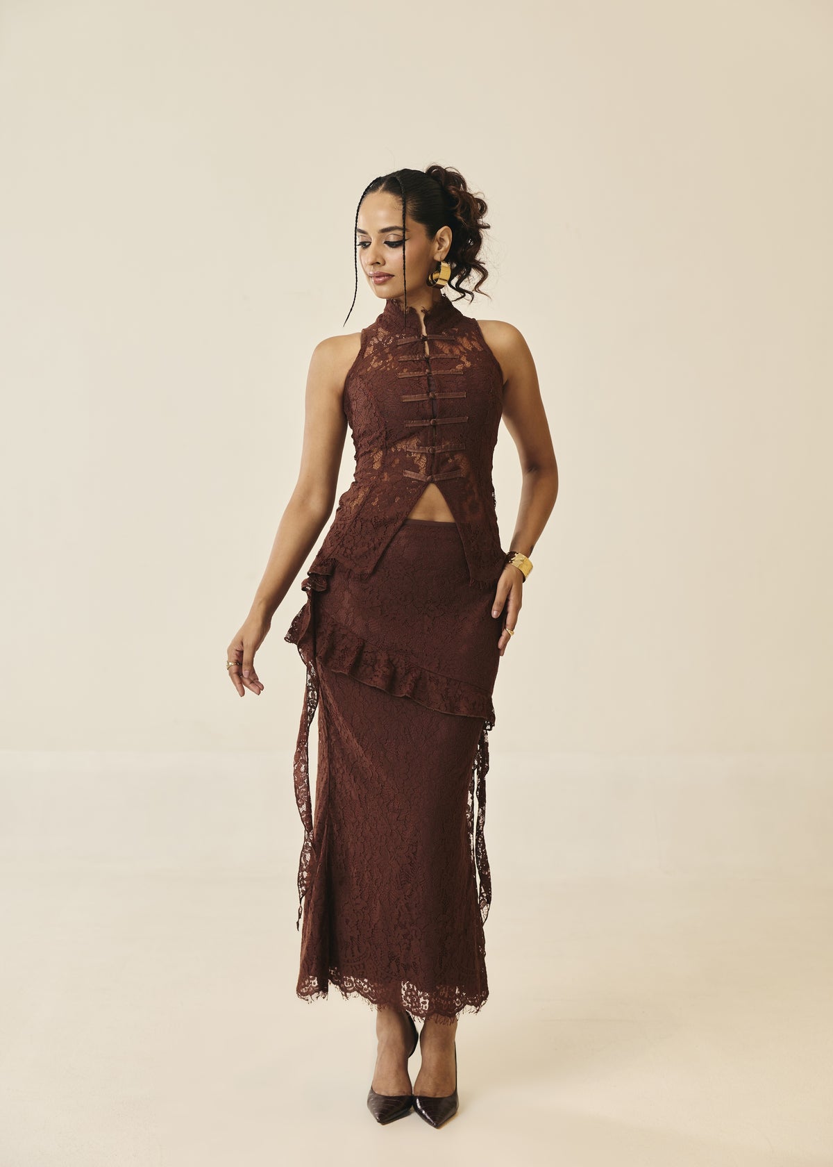 Santorini Espresso Ruffle Maxi Skirt