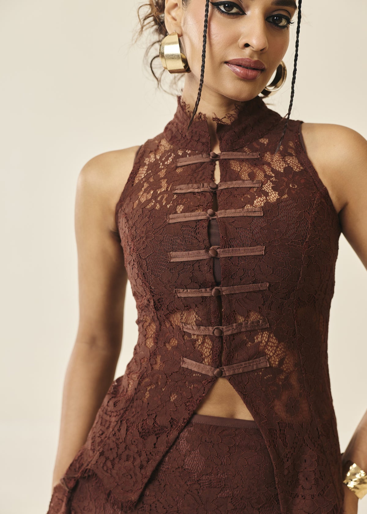 Santorini Espresso Lace Frog-Button Top
