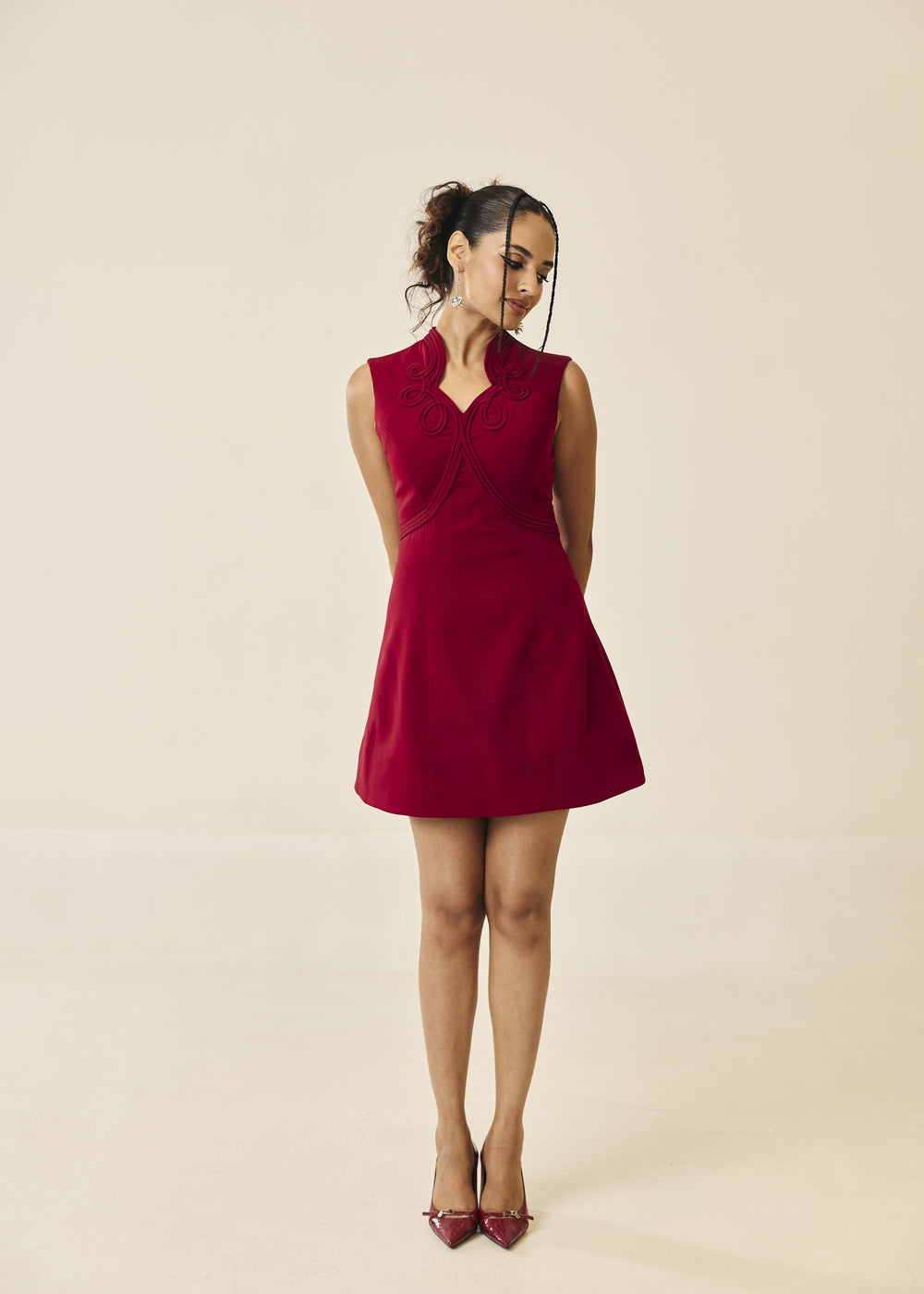 Adeline Crimson Cord Embroidered Mini Dress