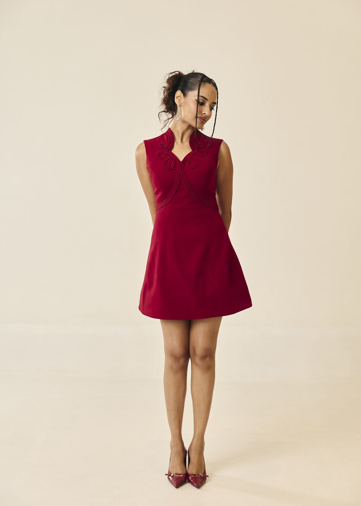 Adeline Crimson Cord Embroidered Mini Dress