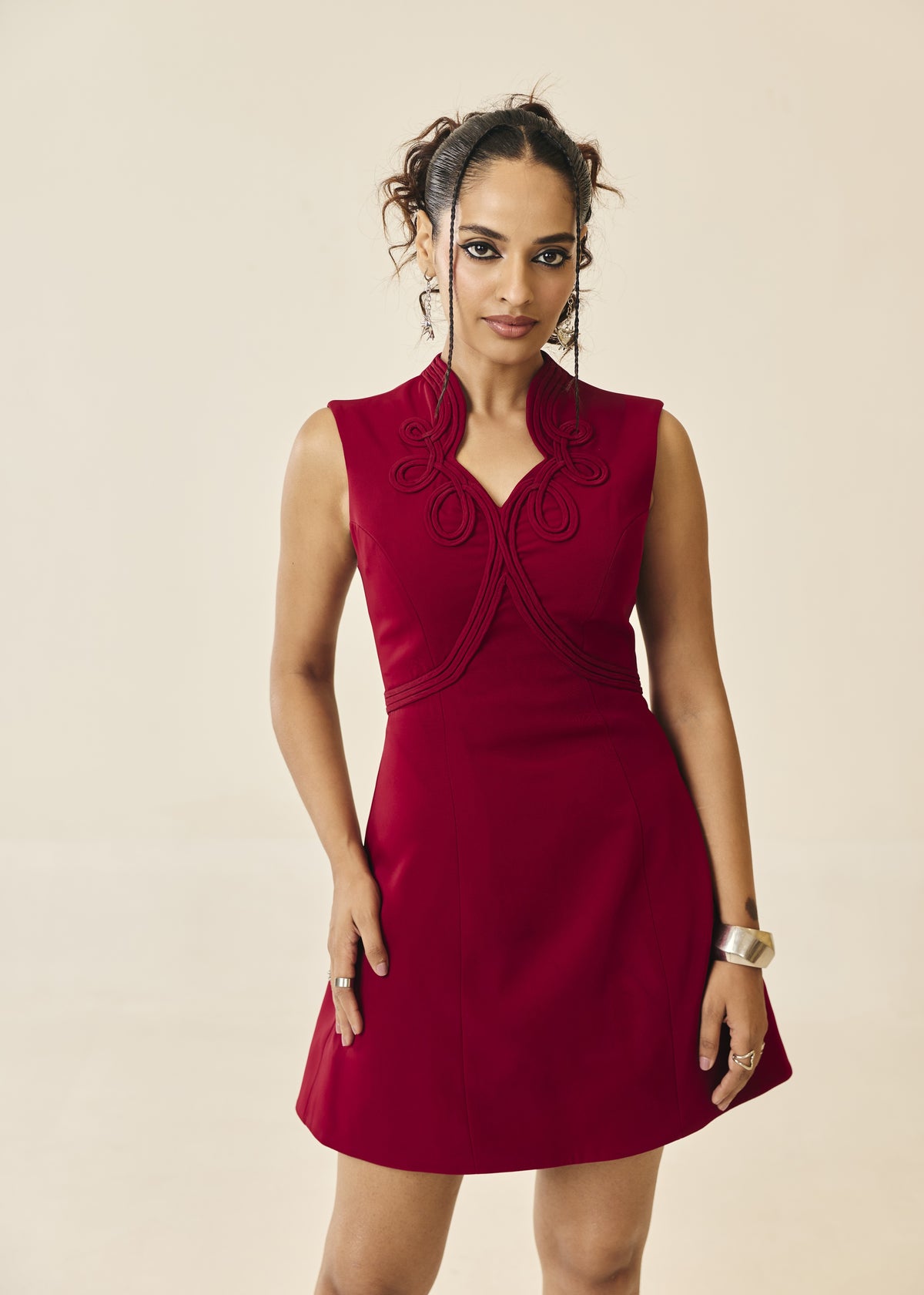 Adeline Crimson Cord Embroidered Mini Dress