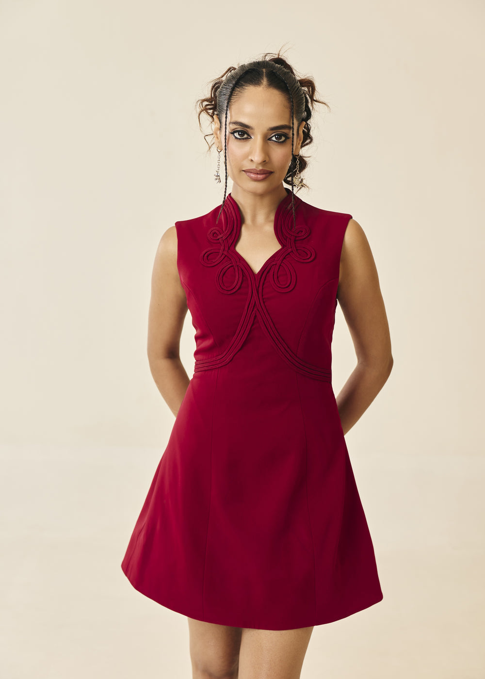 Adeline Crimson Cord Embroidered Mini Dress