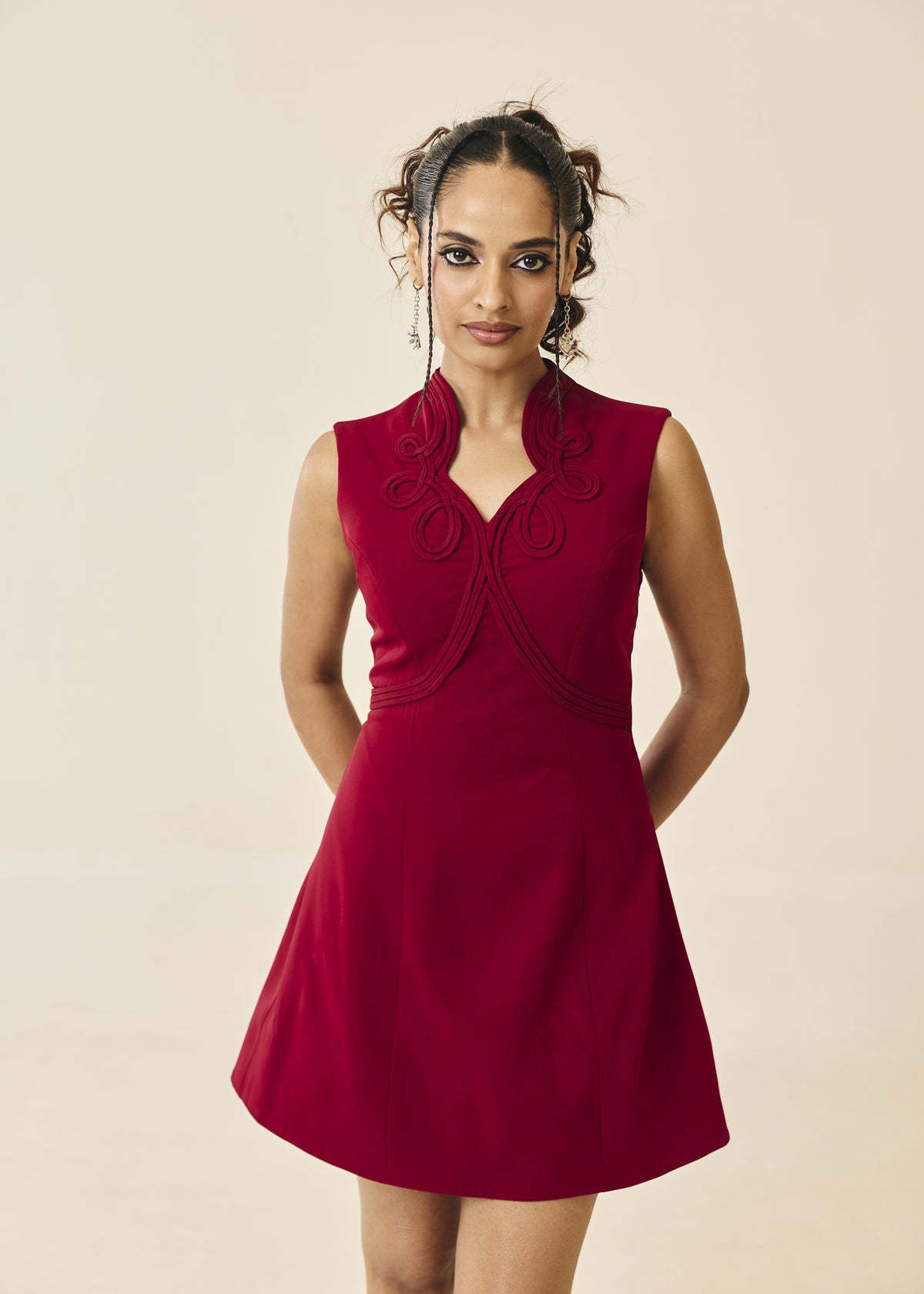 Adeline Crimson Cord Embroidered Mini Dress