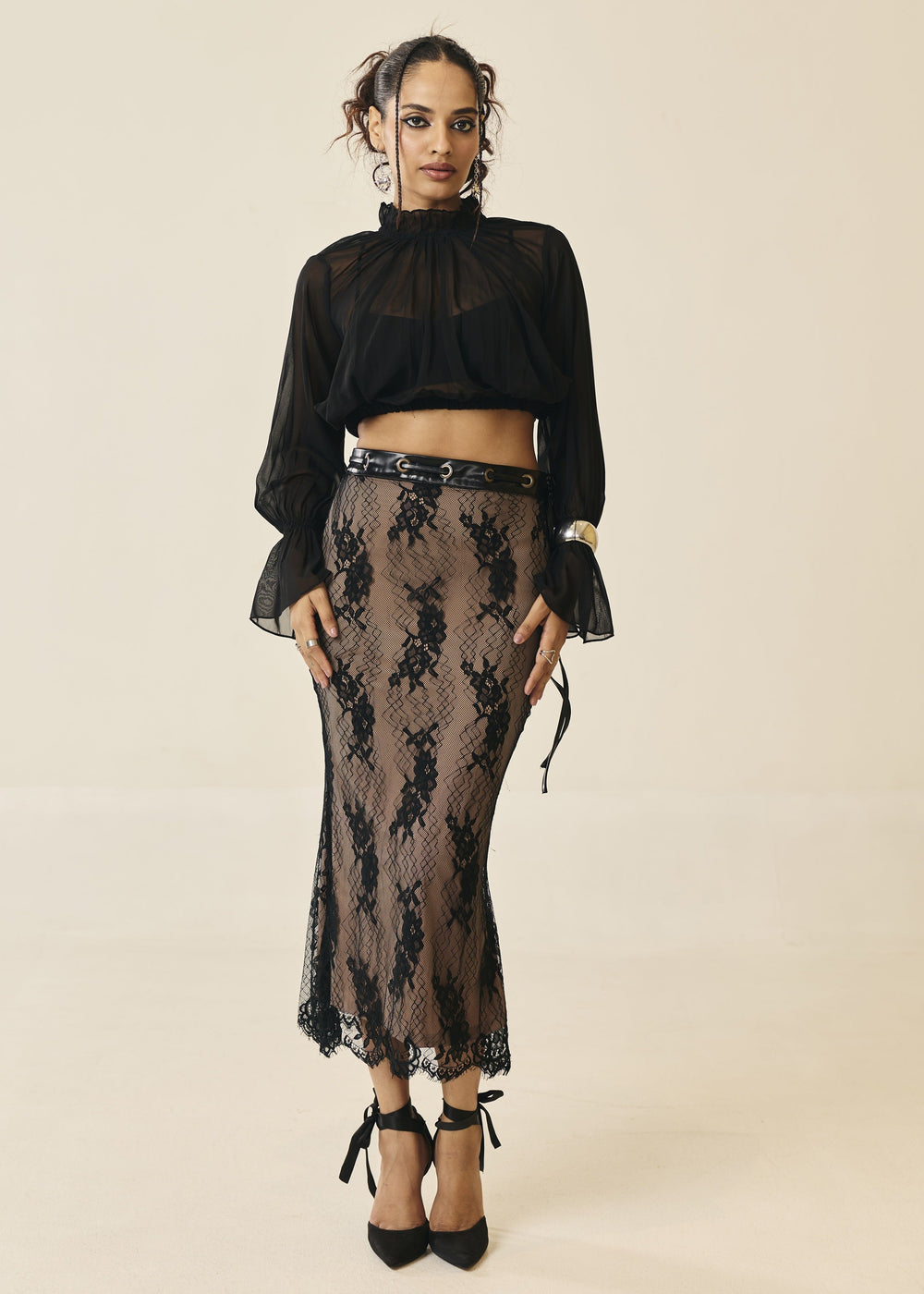 Rosalind Black Sheer Ruffle-Neck Blouse