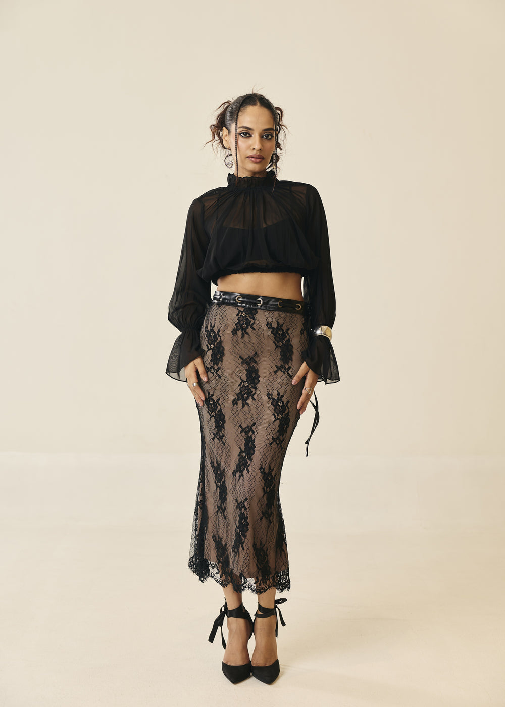 Rosaline Black Lace and Leather Midi Skirt