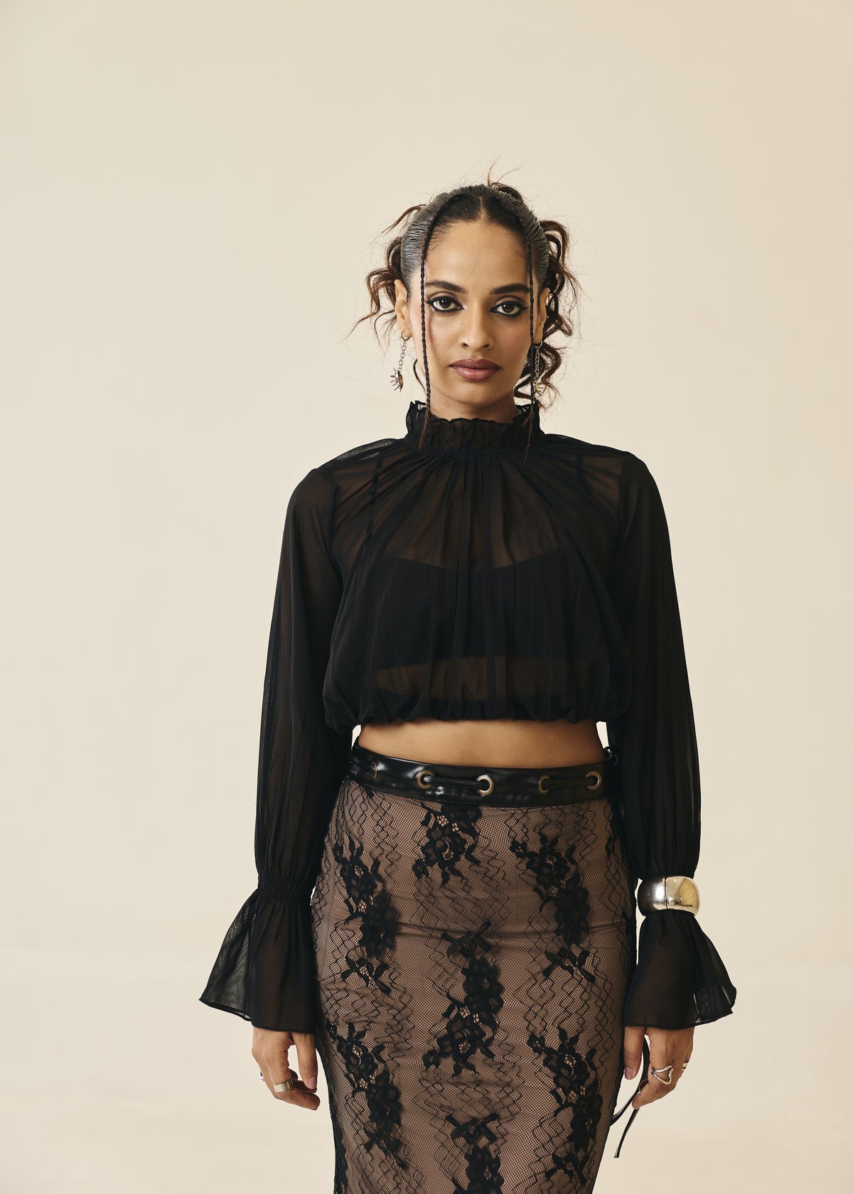 Rosalind Black Sheer Ruffle-Neck Blouse