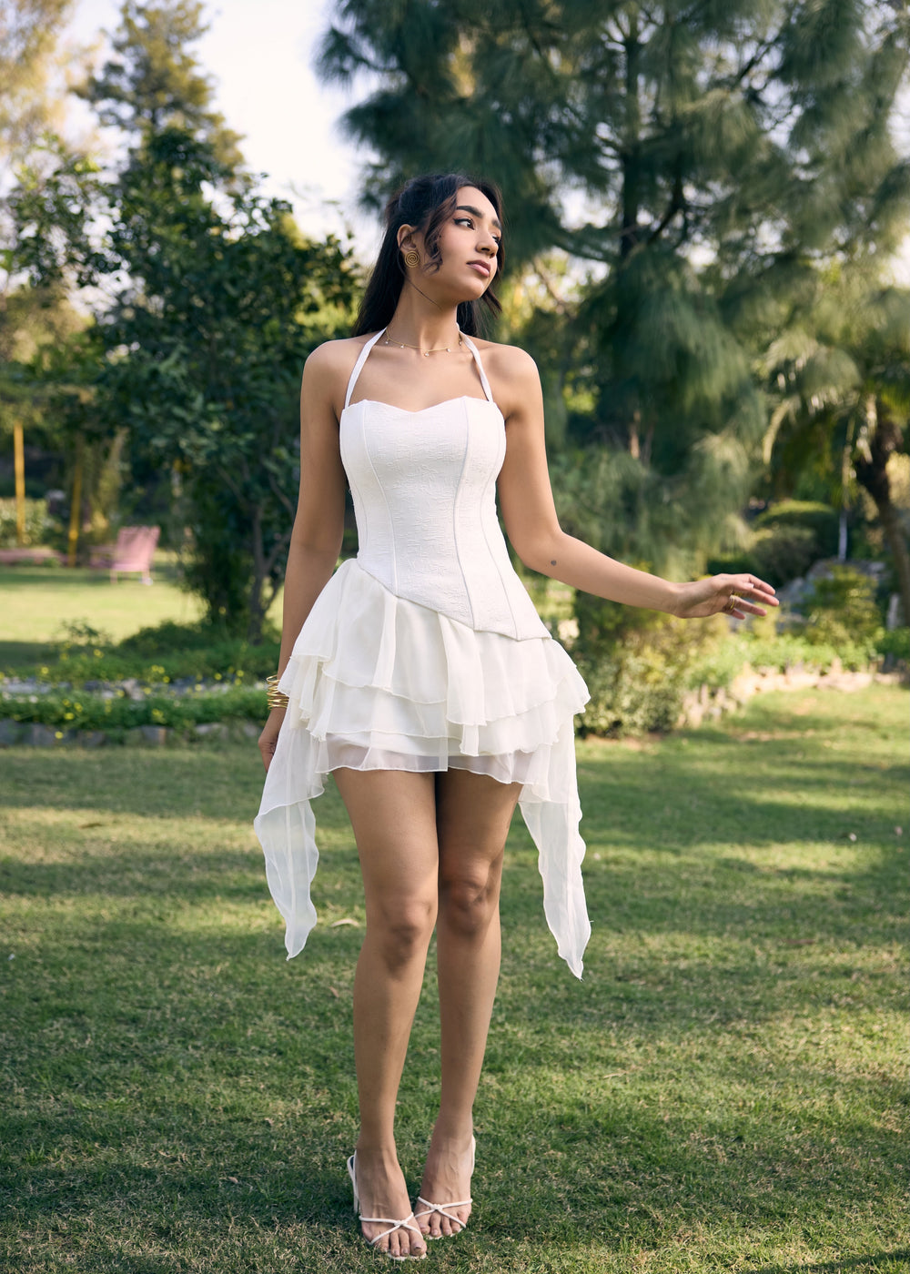Pamila White Ruffle Asymmetrical Mini Skirt