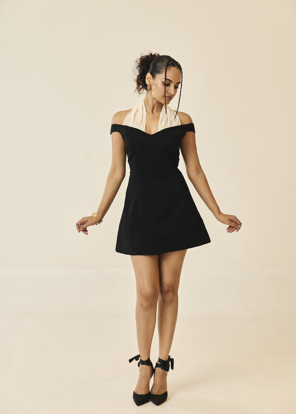 Zara Black Off-Shoulder Contrast Mini Dress