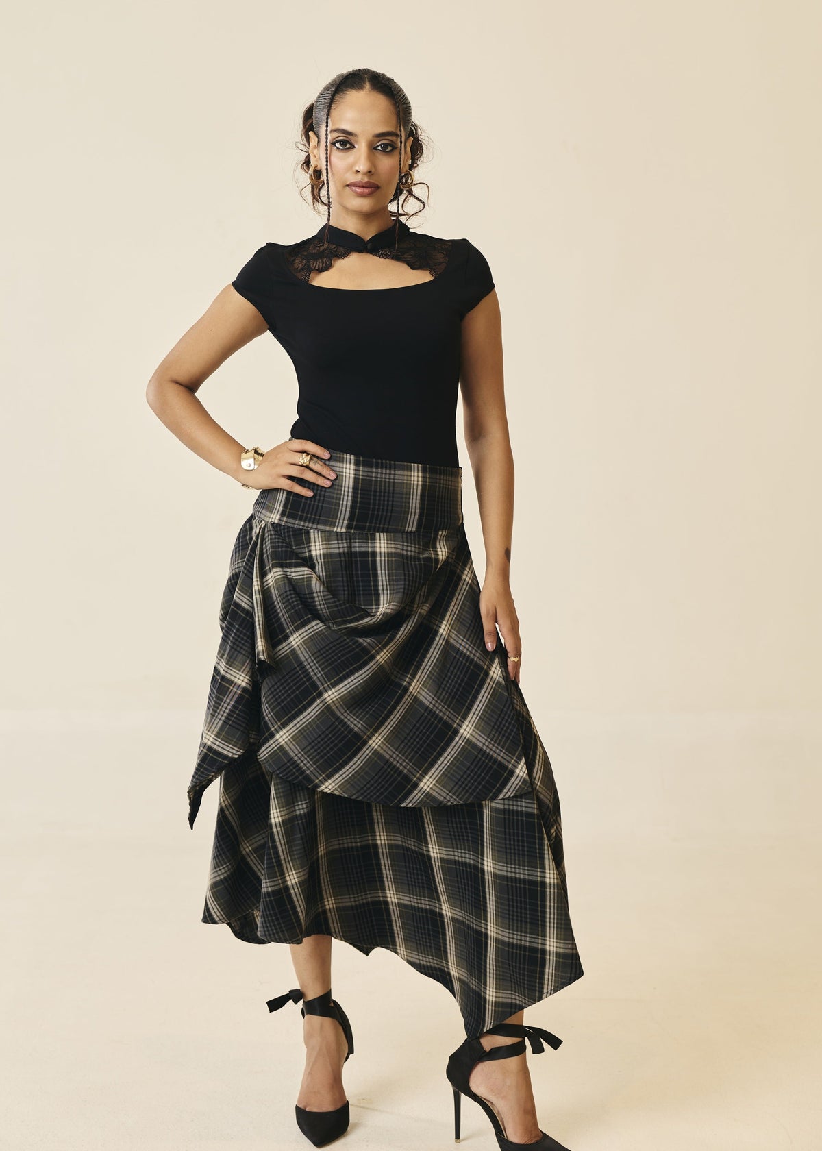Marcella Plaid Draped Asymmetric Skirt