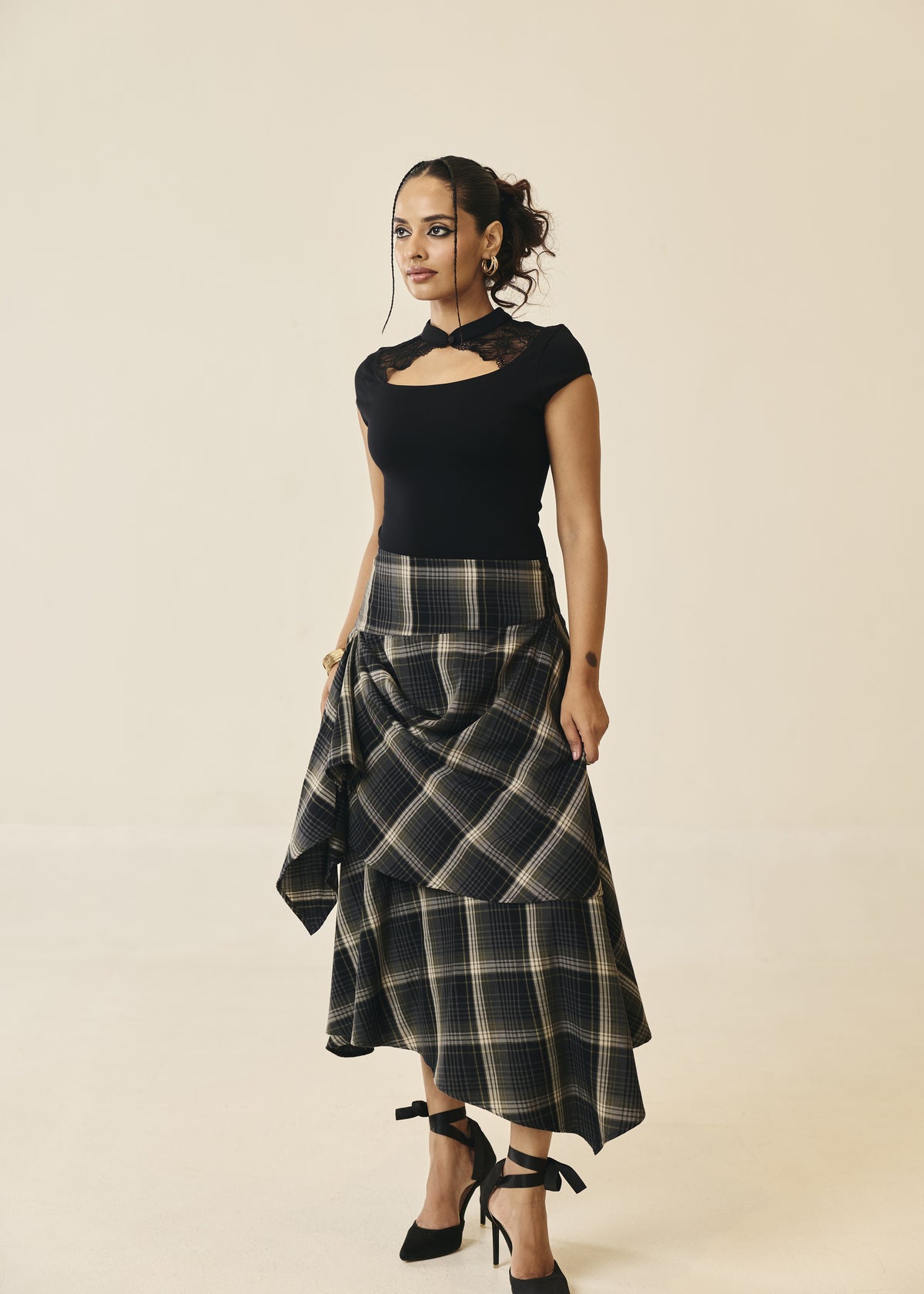 Marcella Plaid Draped Asymmetric Skirt