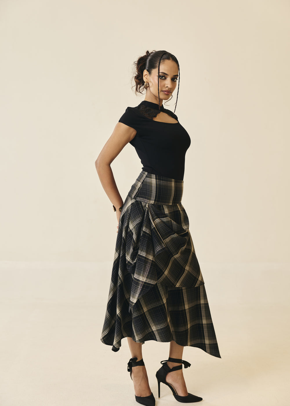 Marcella Plaid Draped Asymmetric Skirt