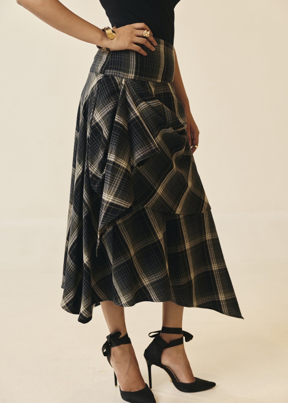 Marcella Plaid Draped Asymmetric Skirt