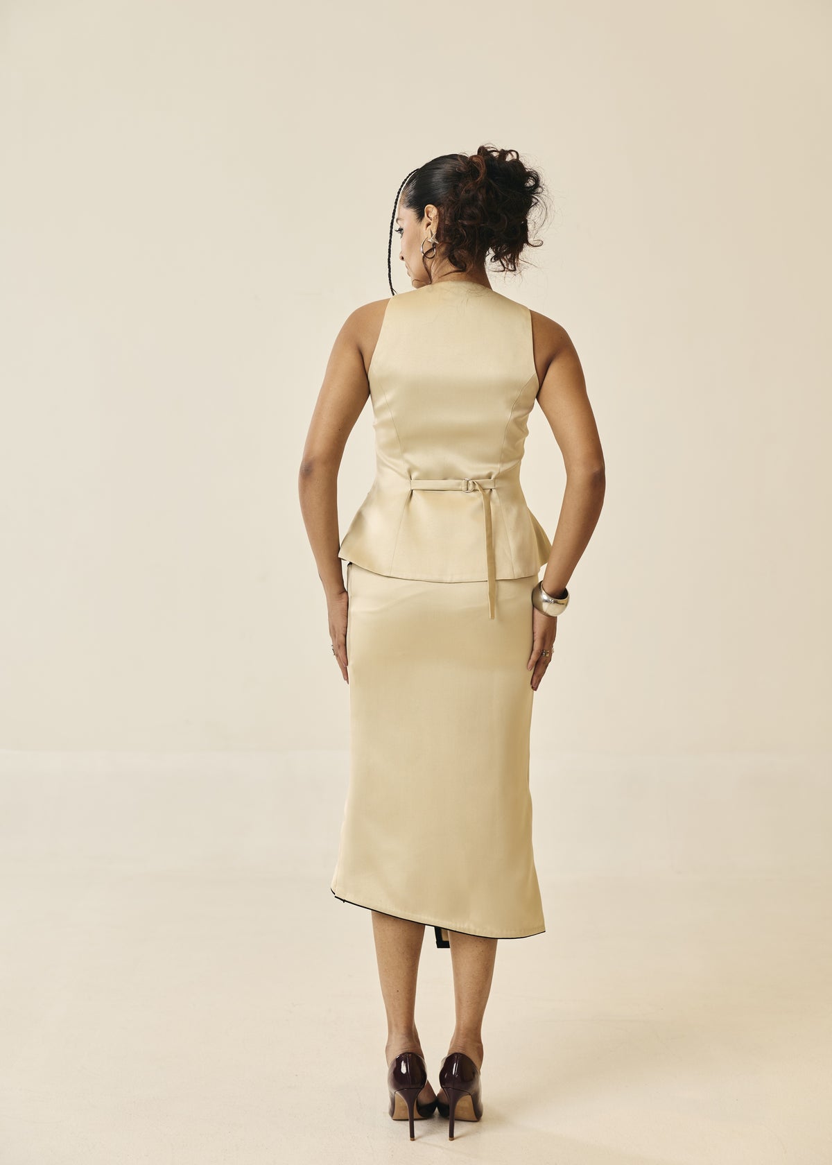 Genevieve Tan Contrast Piping Wrap-Front Midi Skirt
