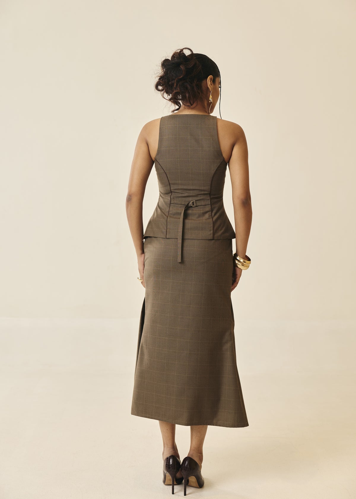 Marguerite Taupe Checked Peplum Top