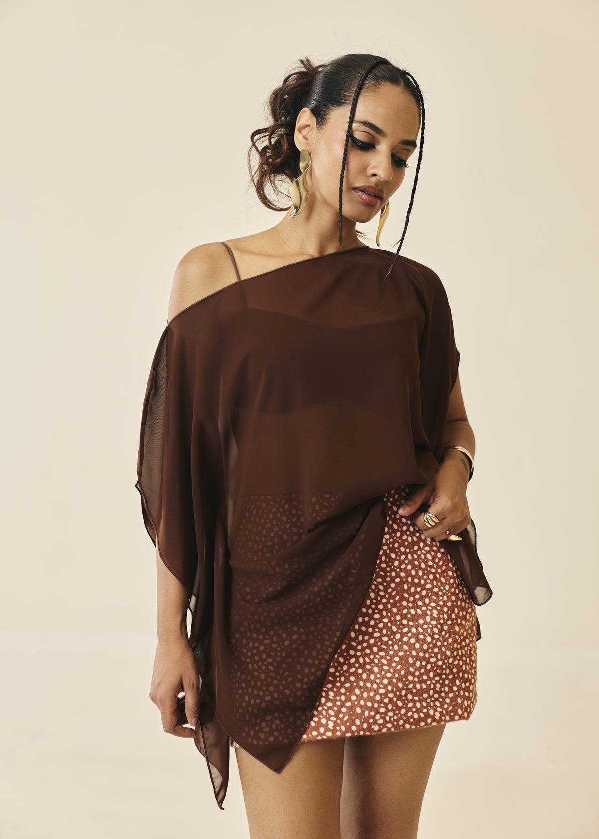 Arina Brown Sheer Asymmetric Cape Top