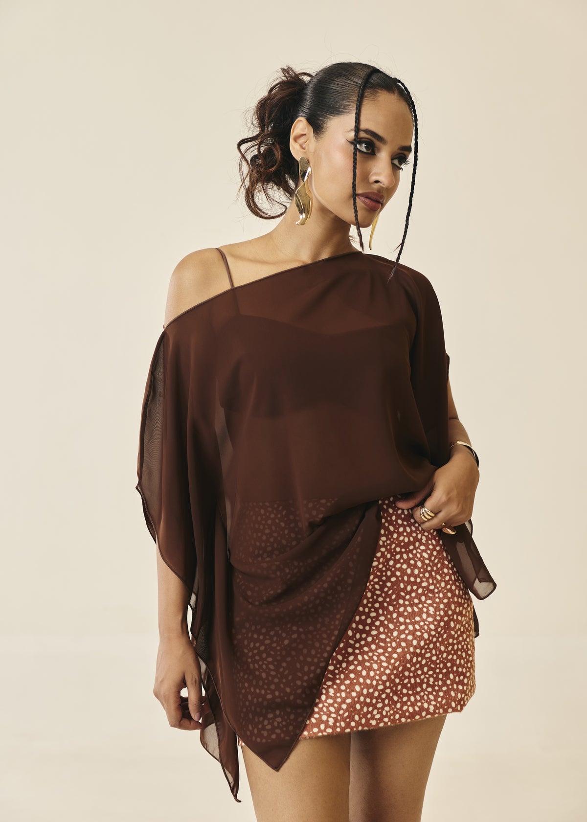 Arina Brown Sheer Asymmetric Cape Top