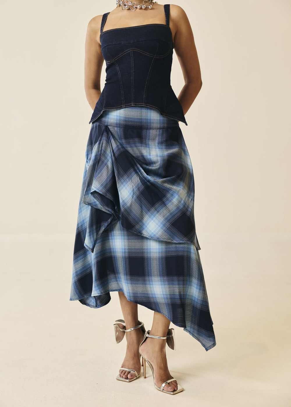 Vellichor Indigo Plaid Draped Asymmetric Skirt
