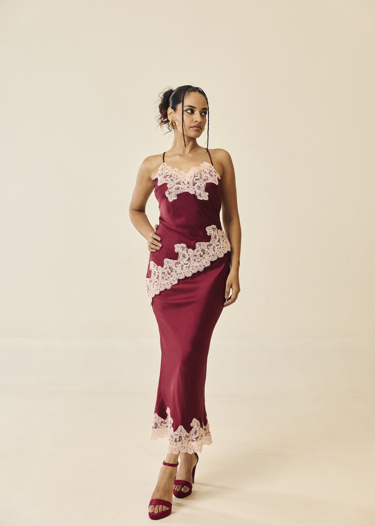 Valentina Burgundy and Pink Lace-Trim Satin Midi Skirt