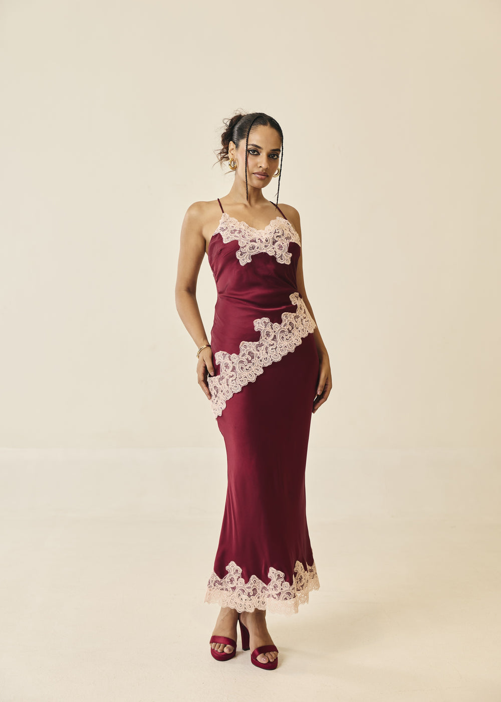 Valentina Burgundy and Pink Lace-Trim Satin Midi Skirt