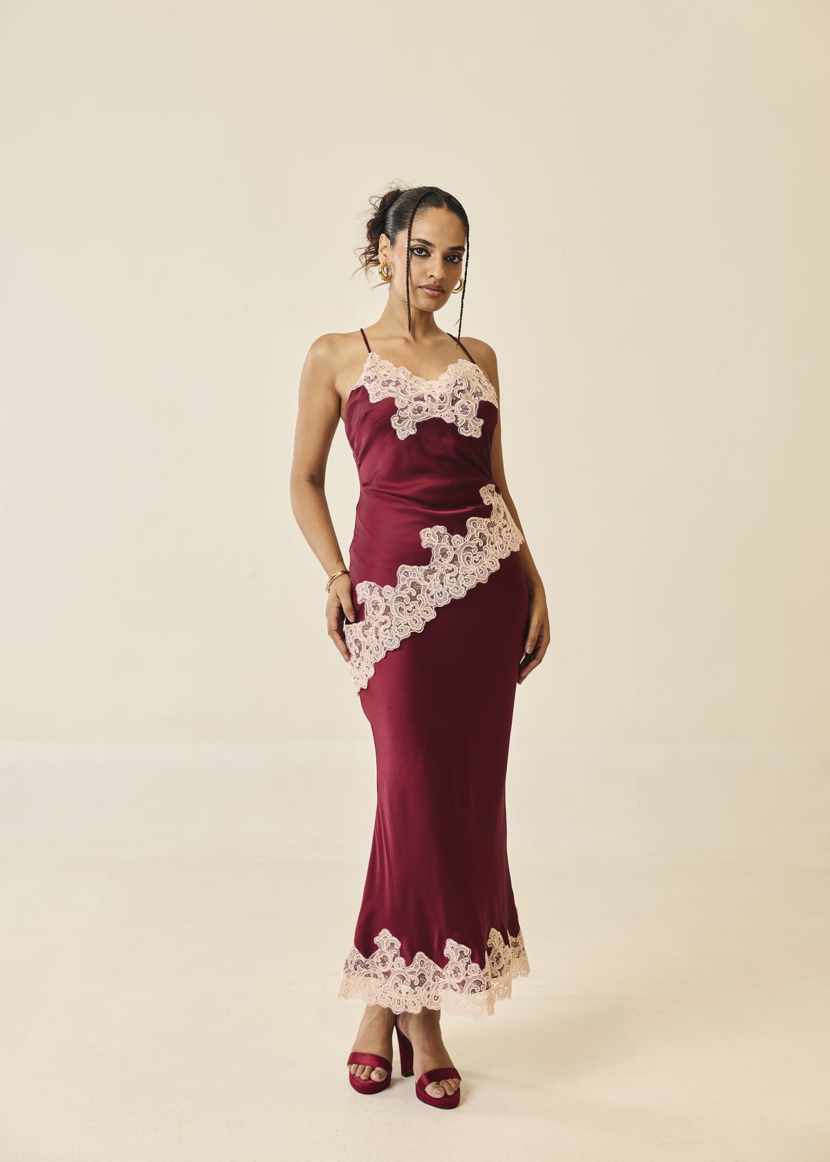 Valentina Burgundy and Pink Lace-Trim Satin Midi Skirt