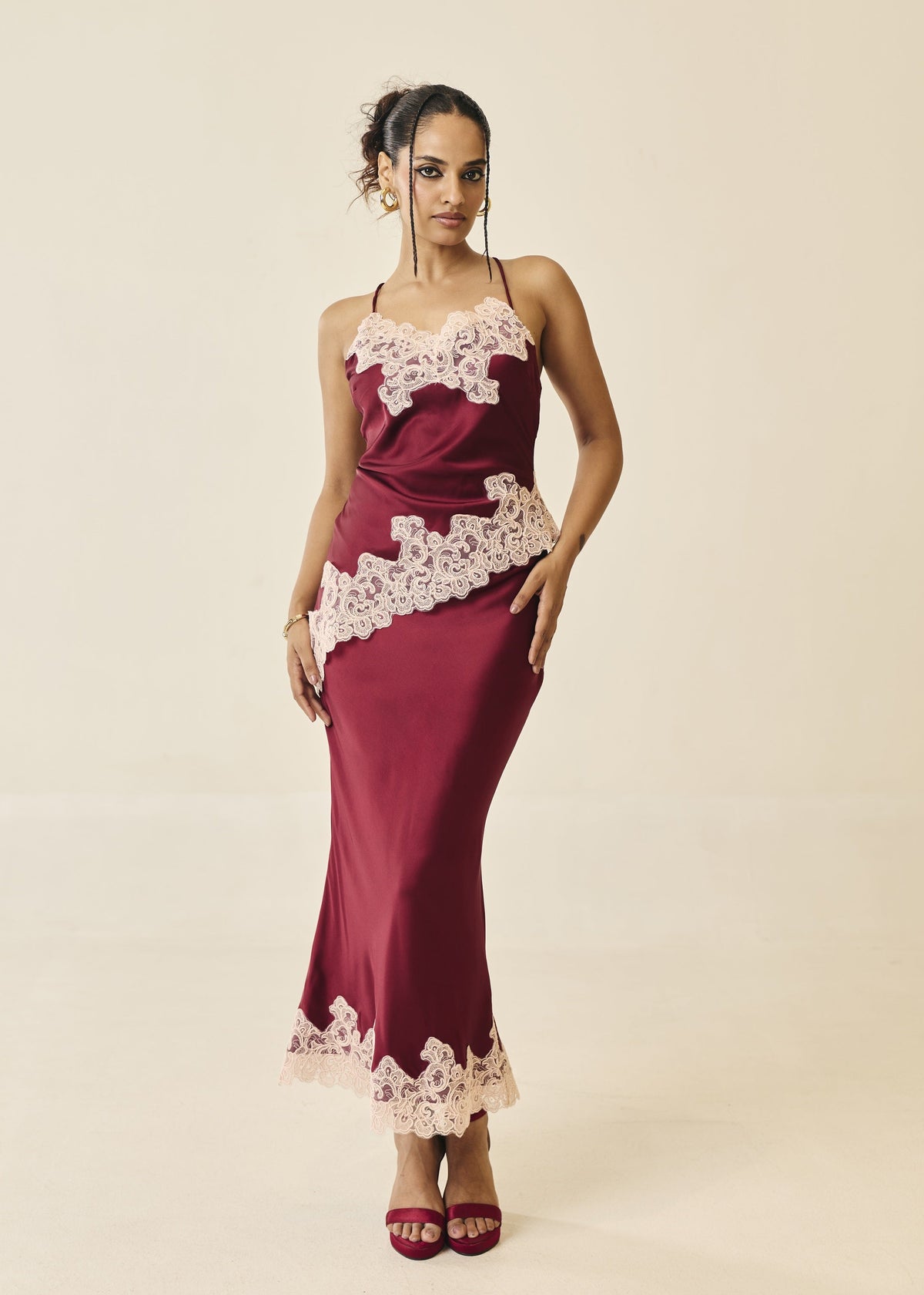 Valentina Burgundy and Pink Lace-Trim Satin Midi Skirt