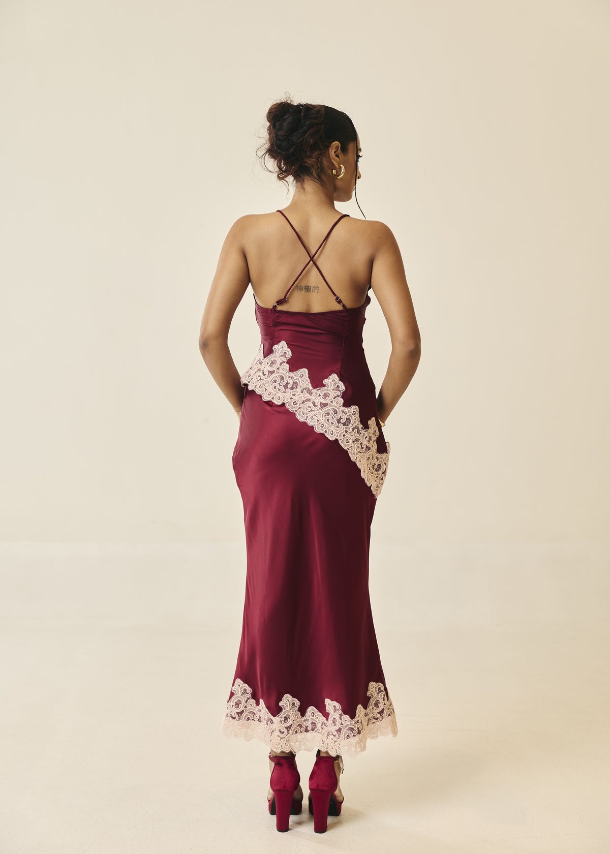 Valentina Burgundy and Pink Lace-Trim Satin Midi Skirt