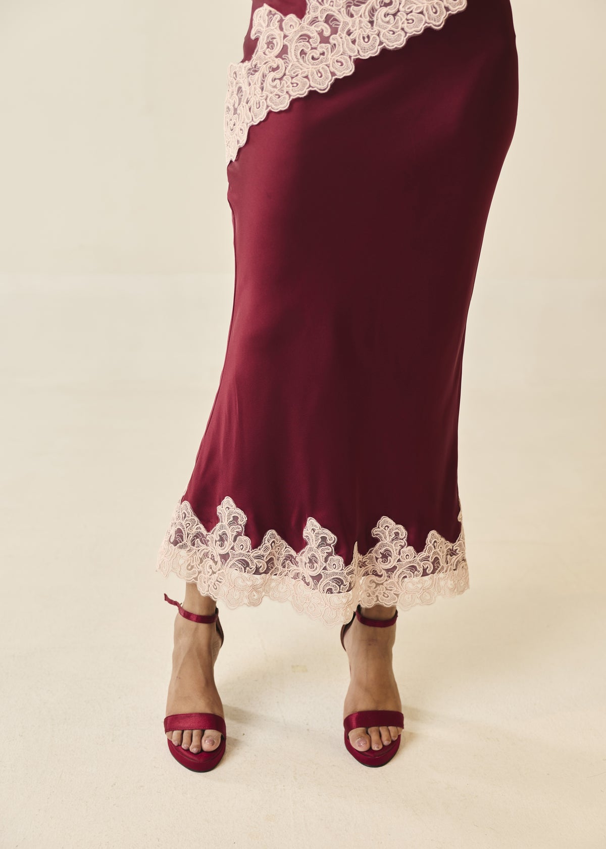 Valentina Burgundy and Pink Lace-Trim Satin Midi Skirt