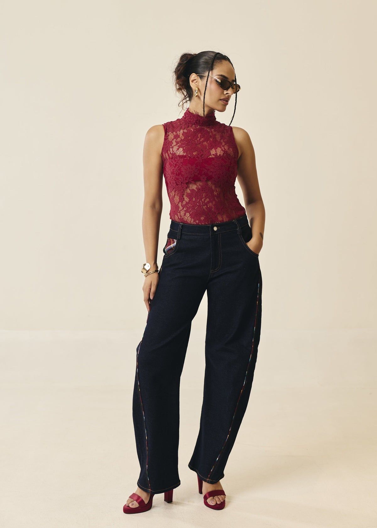 Ravello Plaid-Pocket Barrel Jeans