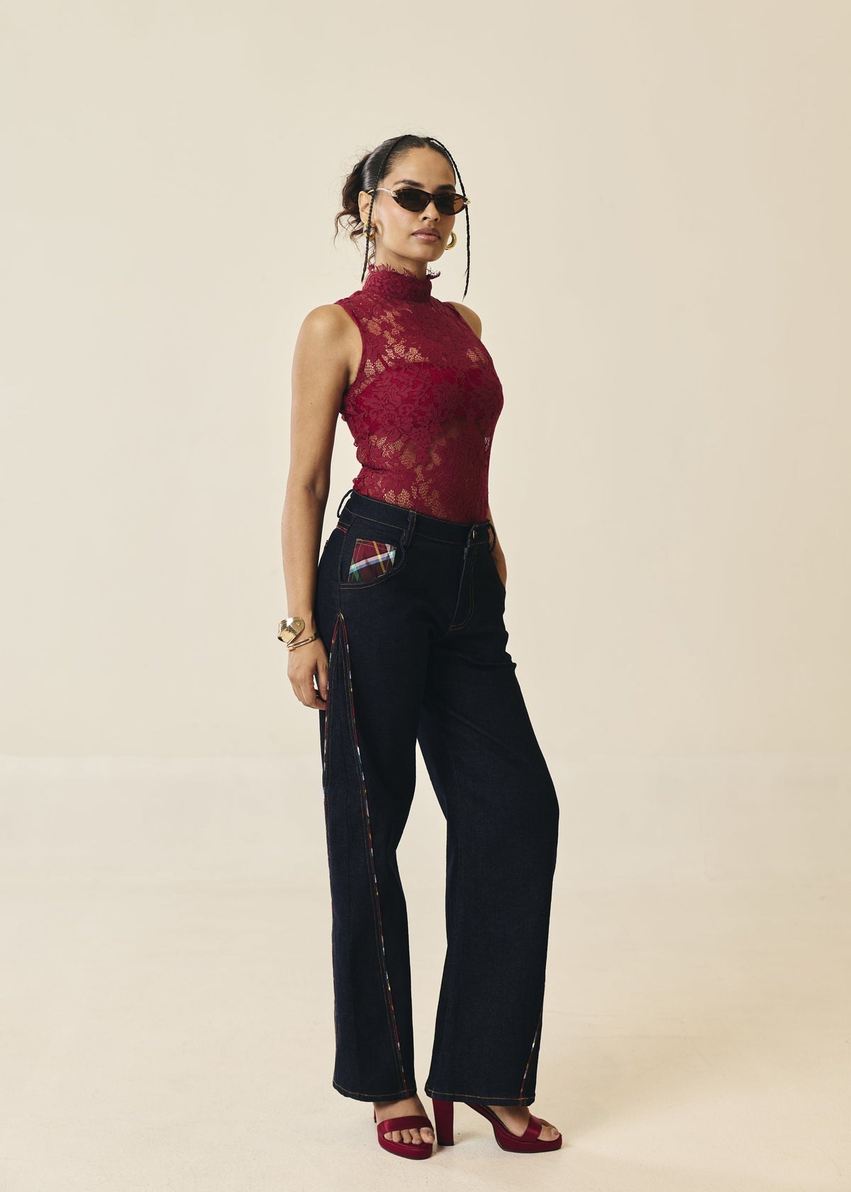 Ravello Plaid-Pocket Barrel Jeans
